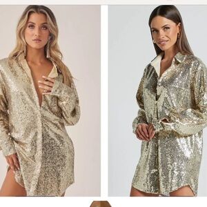 Showpo Cally Mini Dress Oversized Shirt Dress Concert Festival Gold Sequin 12